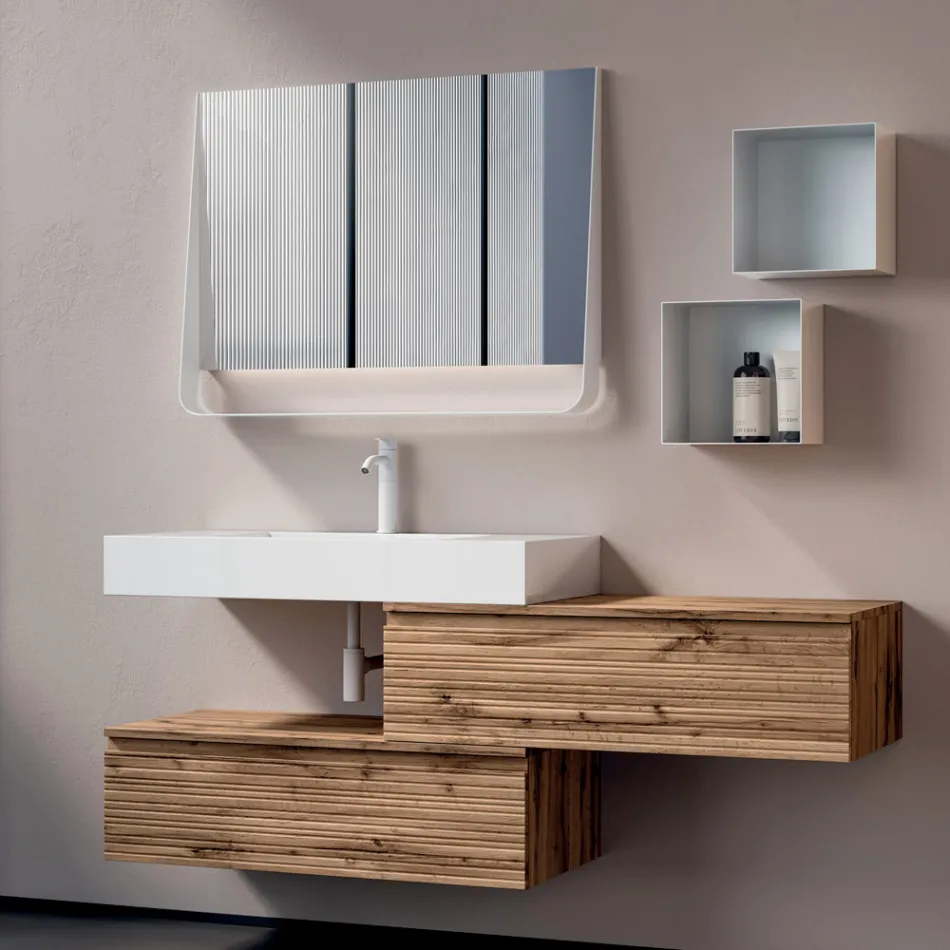 Composizione Bagno con 2 Cassetti, Lavabo Bianco, Specchio e Pensile - Elios Viadurini