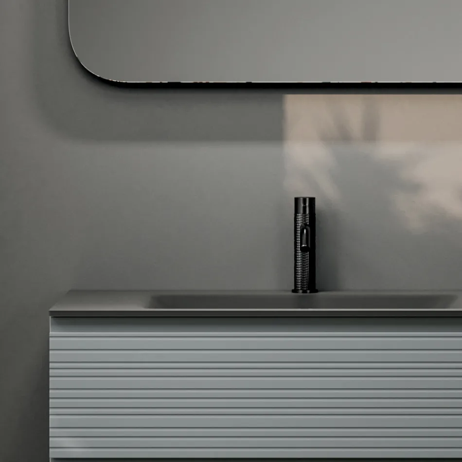 Composizione Bagno con 2 Cassetti, Lavabo in Vetro Grigio e Specchio - Elios Viadurini
