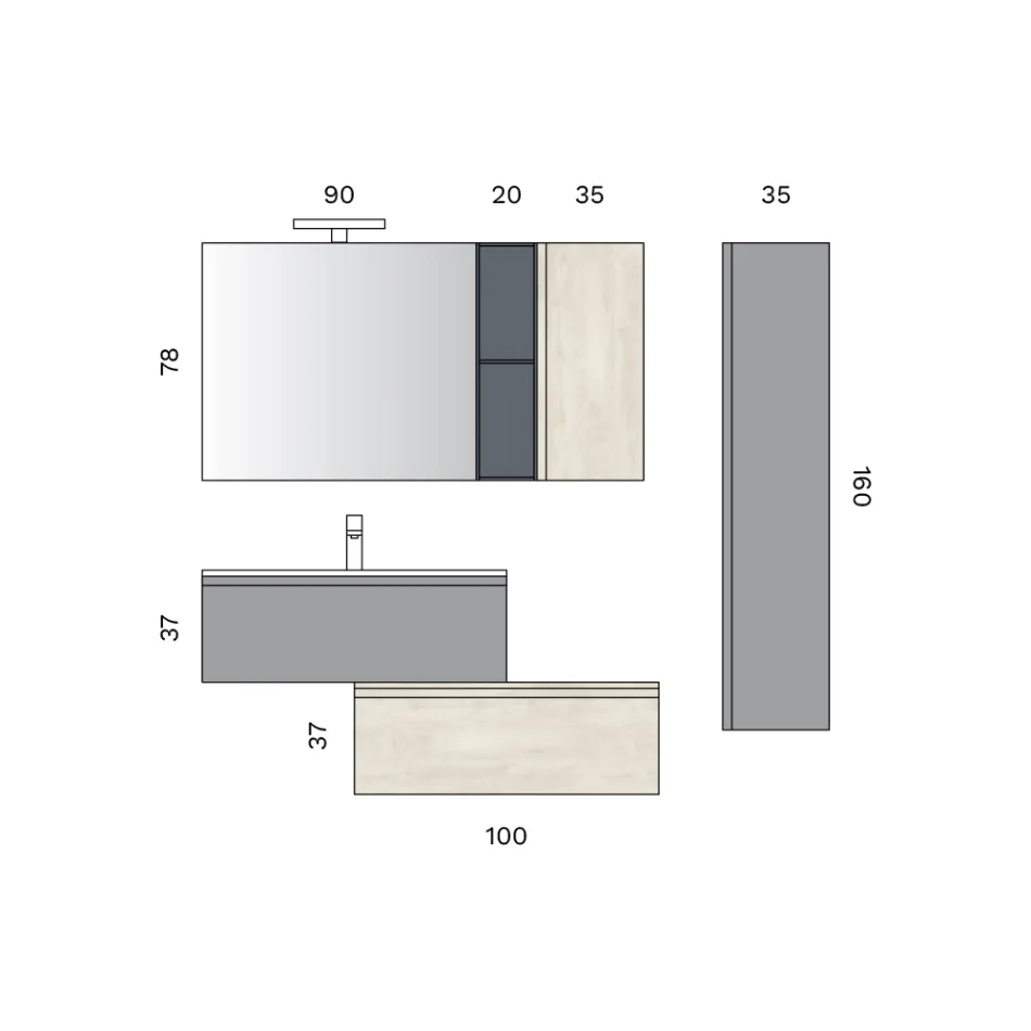 Composizione Bagno con 2 Cassetti, Pensile, Colonna e Specchio - Titan Viadurini