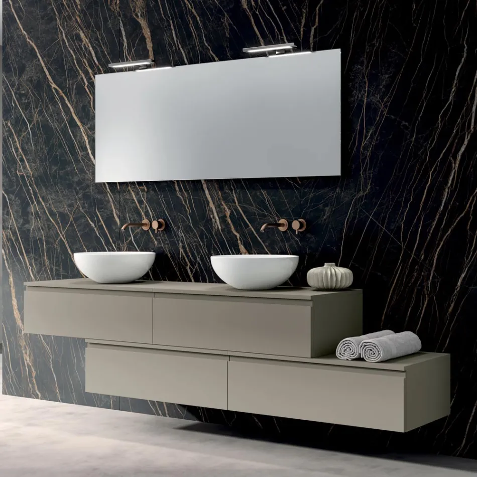 Composizione Bagno con 4 Cassetti, 2 Lavabi in Ceramica e Specchio - Titan Viadurini