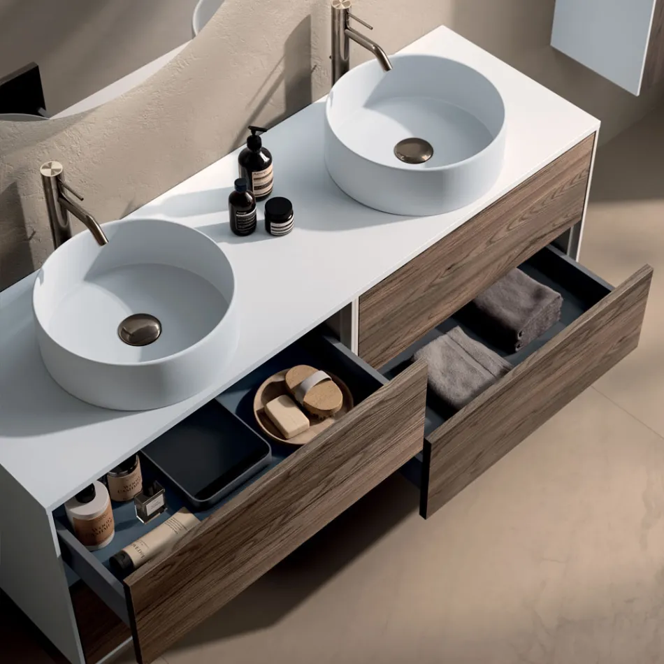 Composizione Bagno con 4 Cassetti in Rovere Rio, Specchio e Lavabo - Velaria Viadurini