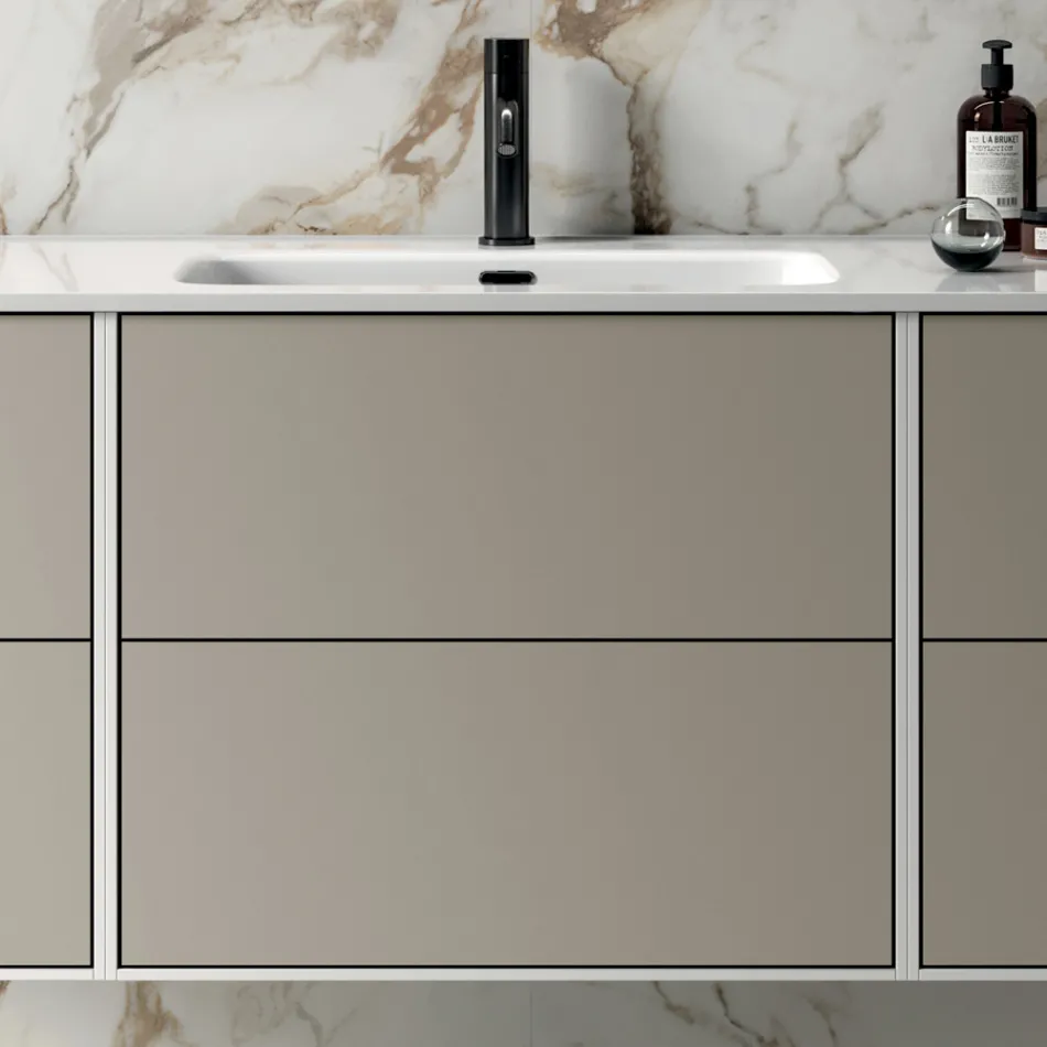 Composizione Bagno con 6 Cassetti Tortora, Specchio e Lavabo - Velaria Viadurini