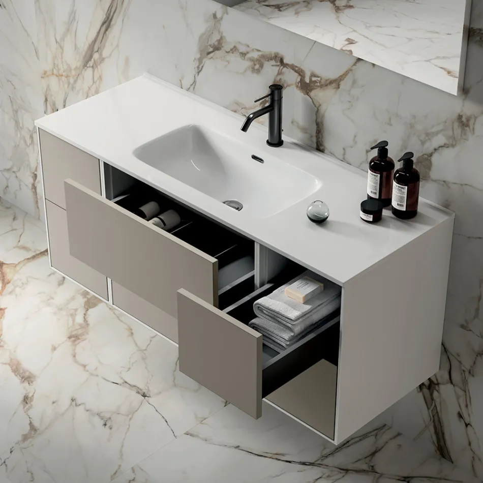 Composizione Bagno con 6 Cassetti Tortora, Specchio e Lavabo - Velaria Viadurini