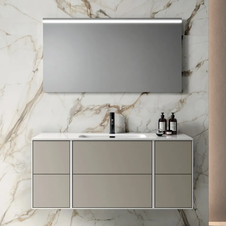 Composizione Bagno con 6 Cassetti Tortora, Specchio e Lavabo - Velaria Viadurini