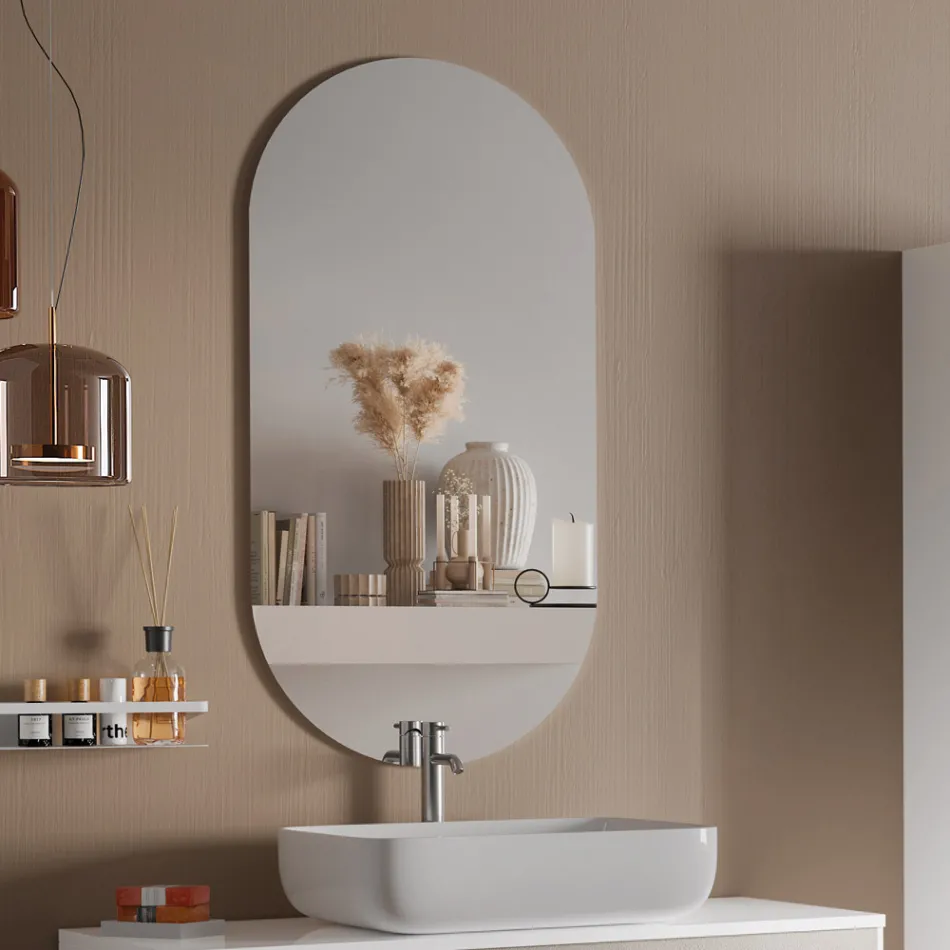 Composizione Bagno con Base Pietra Avana, Specchio e Lavabo Made in Italy - Kilos Viadurini