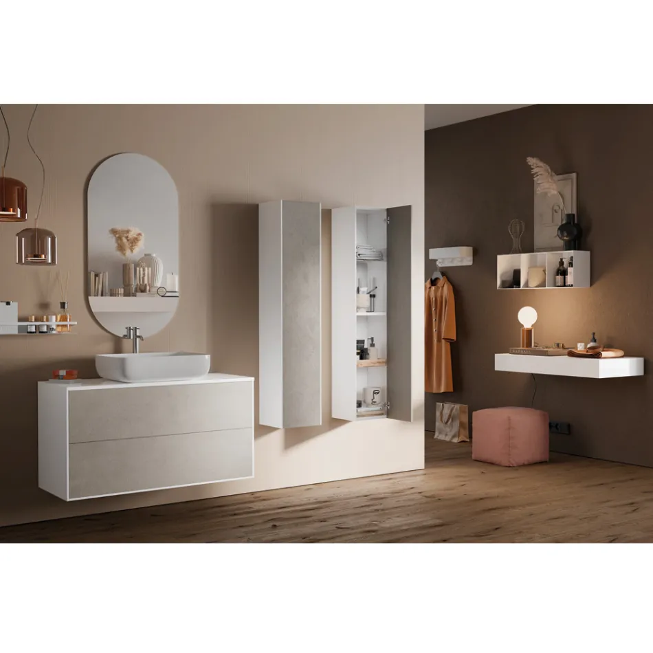 Composizione Bagno con Base Pietra Avana, Specchio e Lavabo Made in Italy - Kilos Viadurini
