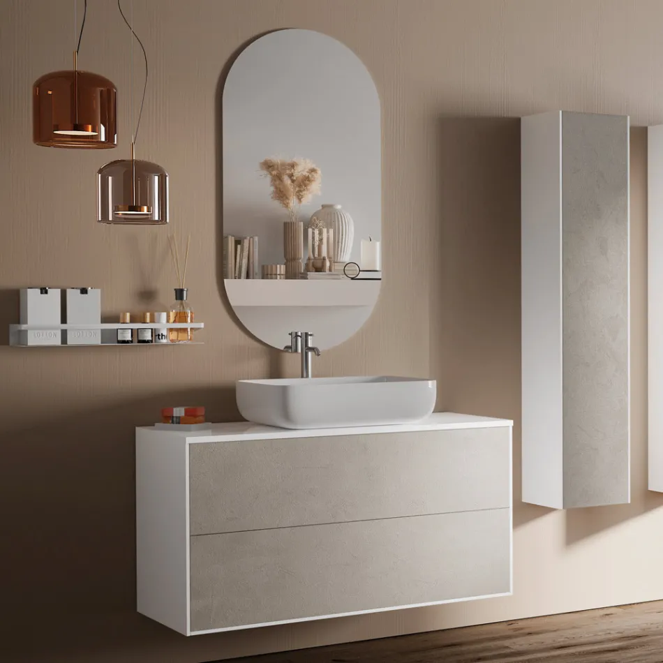 Composizione Bagno con Base Pietra Avana, Specchio e Lavabo Made in Italy - Kilos Viadurini