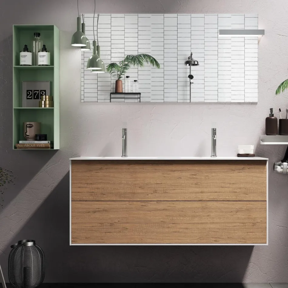Composizione Bagno con Base Rovere Miele, Lavabo e Specchio Made in Italy - Kilos Viadurini