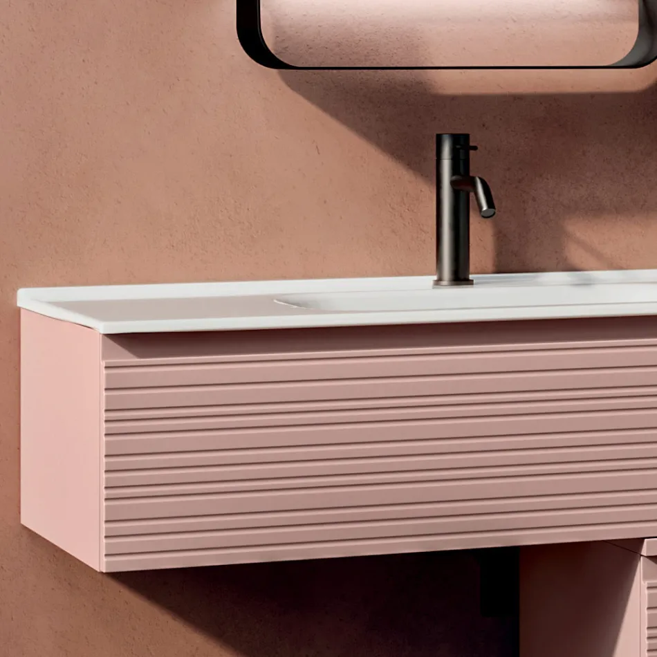 Composizione Bagno con Cassetti Rosa Cipria, Lavabo e Specchio - Elios Viadurini