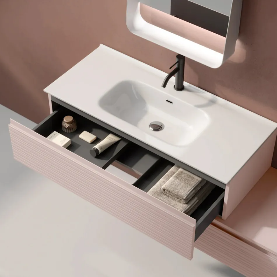 Composizione Bagno con Cassetti Rosa Cipria, Lavabo e Specchio - Elios Viadurini