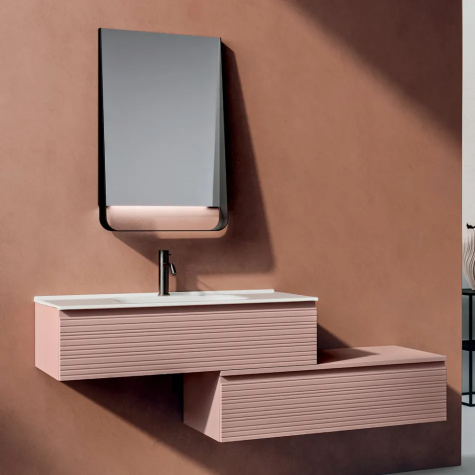 Composizione Bagno con Cassetti Rosa Cipria, Lavabo e Specchio - Elios Viadurini