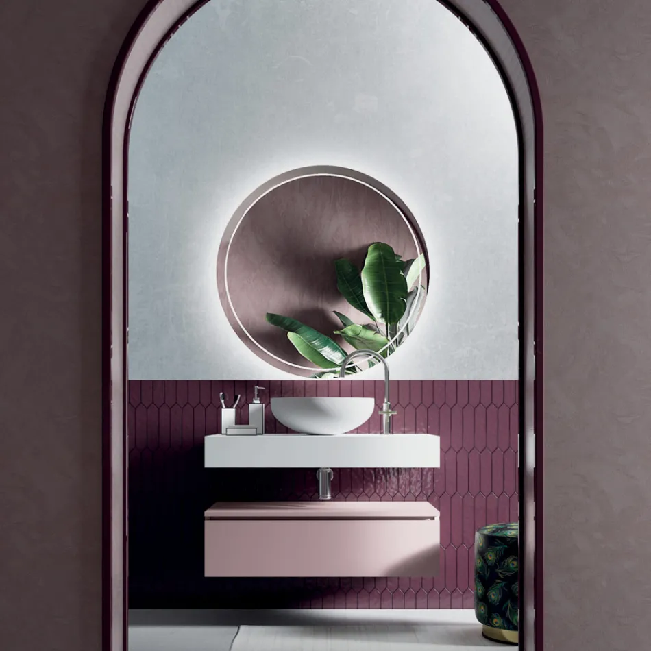 Composizione Bagno con Lavabo in Resina e Specchio Made in Italy - Palom Viadurini
