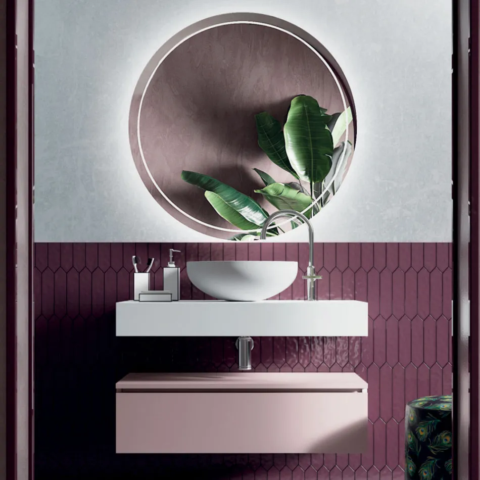 Composizione Bagno con Lavabo in Resina e Specchio Made in Italy - Palom Viadurini