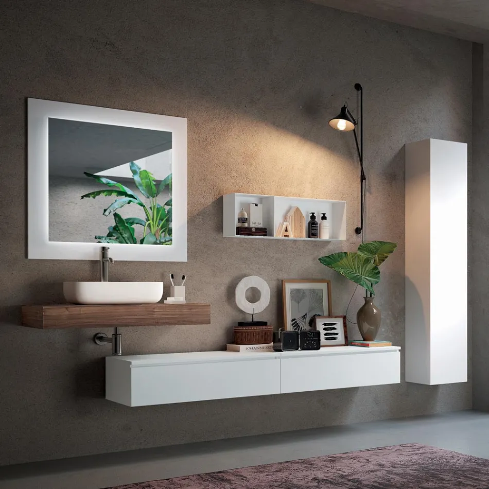 Composizione Bagno con Specchio e Lavabo in Ceramica Made in Italy - Palom Viadurini