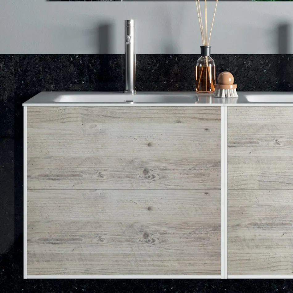 Composizione Bagno con Specchio, Lavabo Doppio e Base Made in Italy - Kilos Viadurini