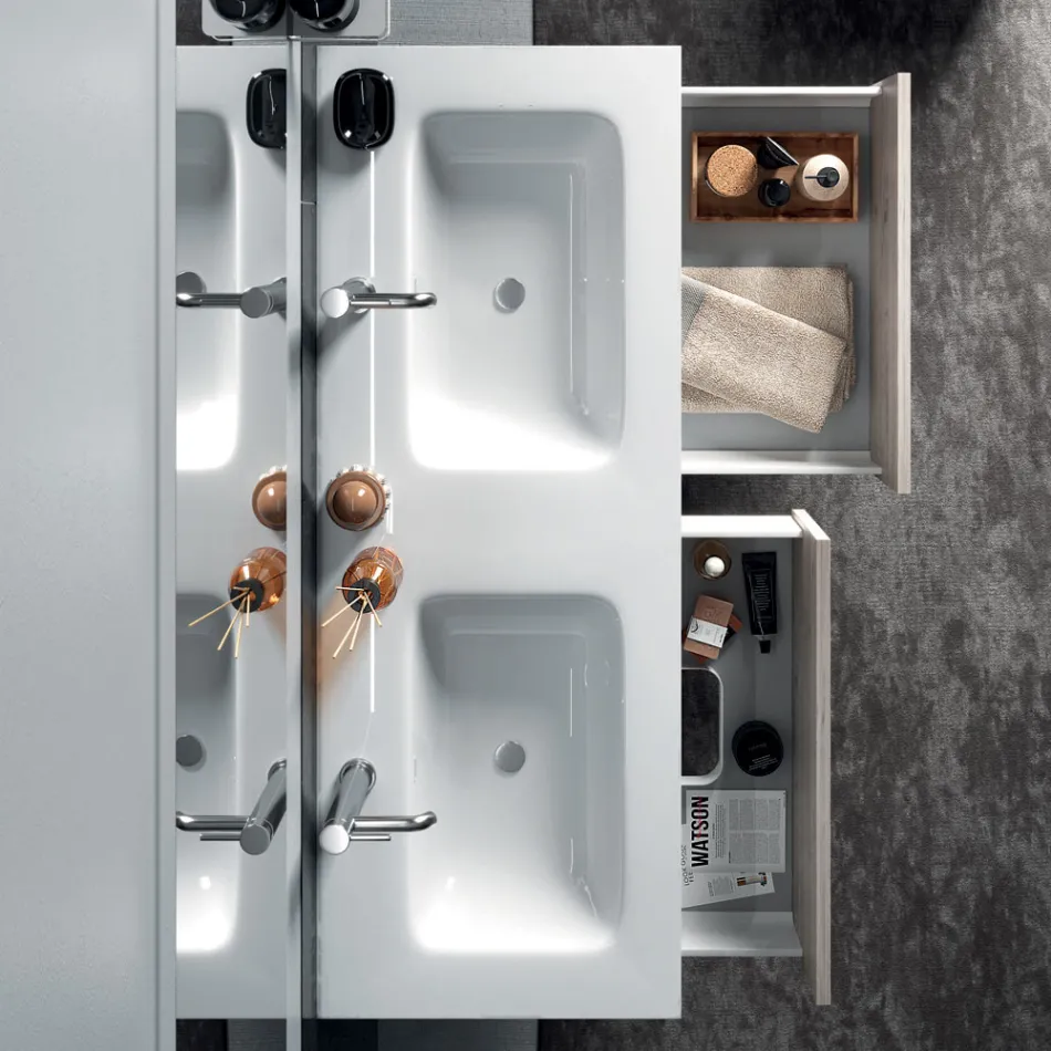 Composizione Bagno con Specchio, Lavabo Doppio e Base Made in Italy - Kilos Viadurini