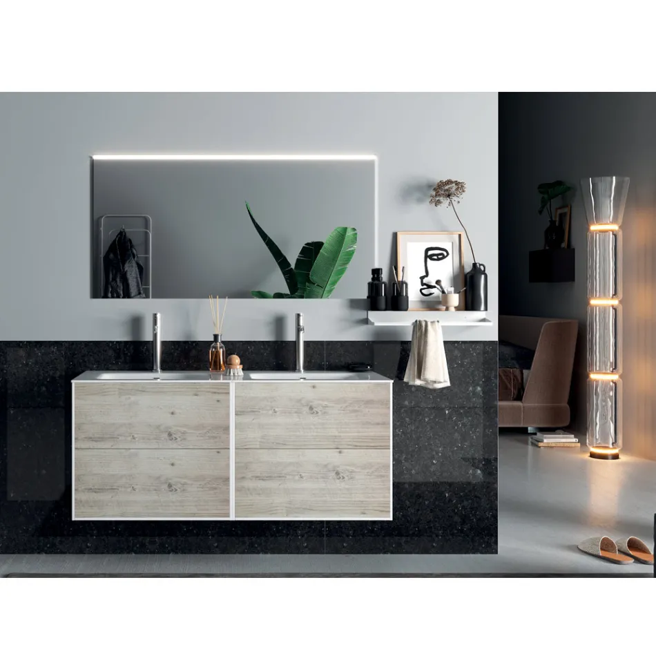 Composizione Bagno con Specchio, Lavabo Doppio e Base Made in Italy - Kilos Viadurini