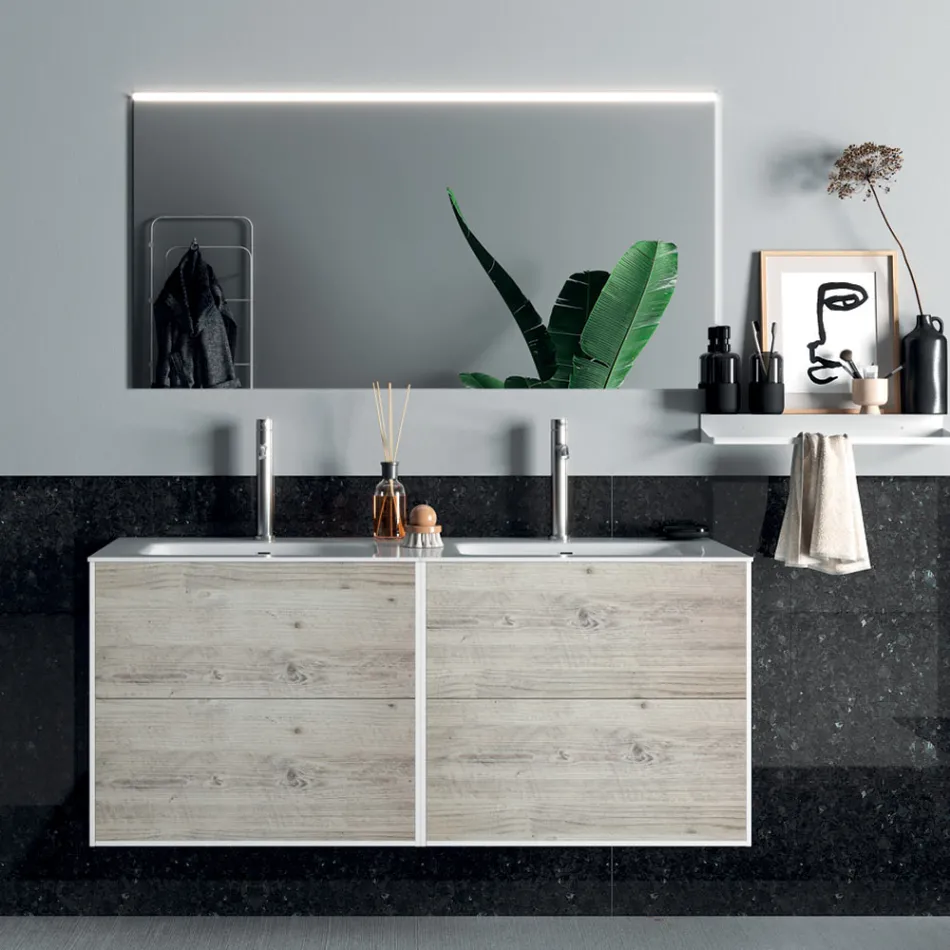 Composizione Bagno con Specchio, Lavabo Doppio e Base Made in Italy - Kilos Viadurini