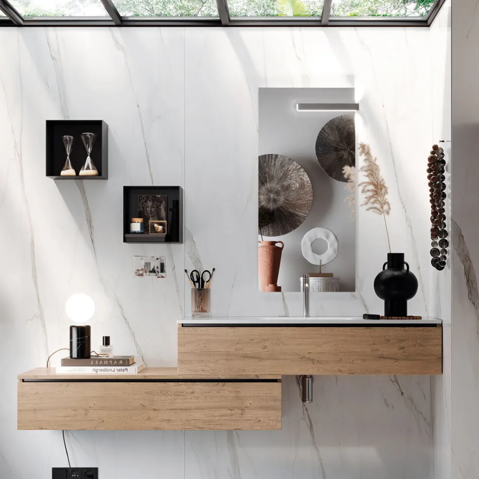 Composizione Bagno con Specchio, Lavabo in resina e Base Made in Italy - Palom Viadurini