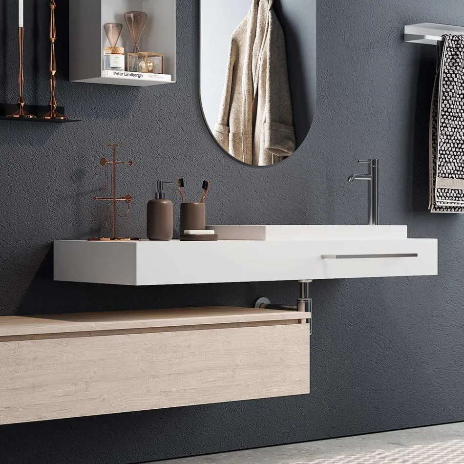 Composizione Bagno con Specchio Ovale, Lavabo e Base Realizzato in Italia - Palom Viadurini