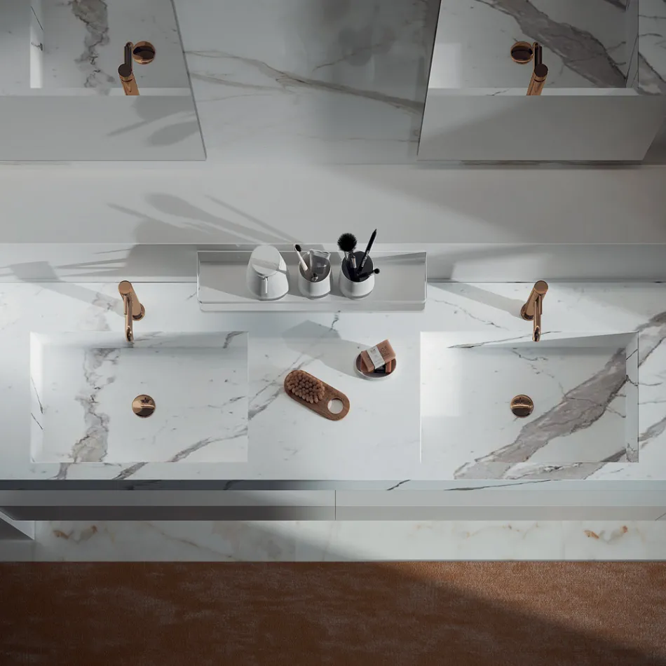 Composizione Bagno Doppia con Specchio Rettangolare e Lavabo Made in Italy - Palom Viadurini