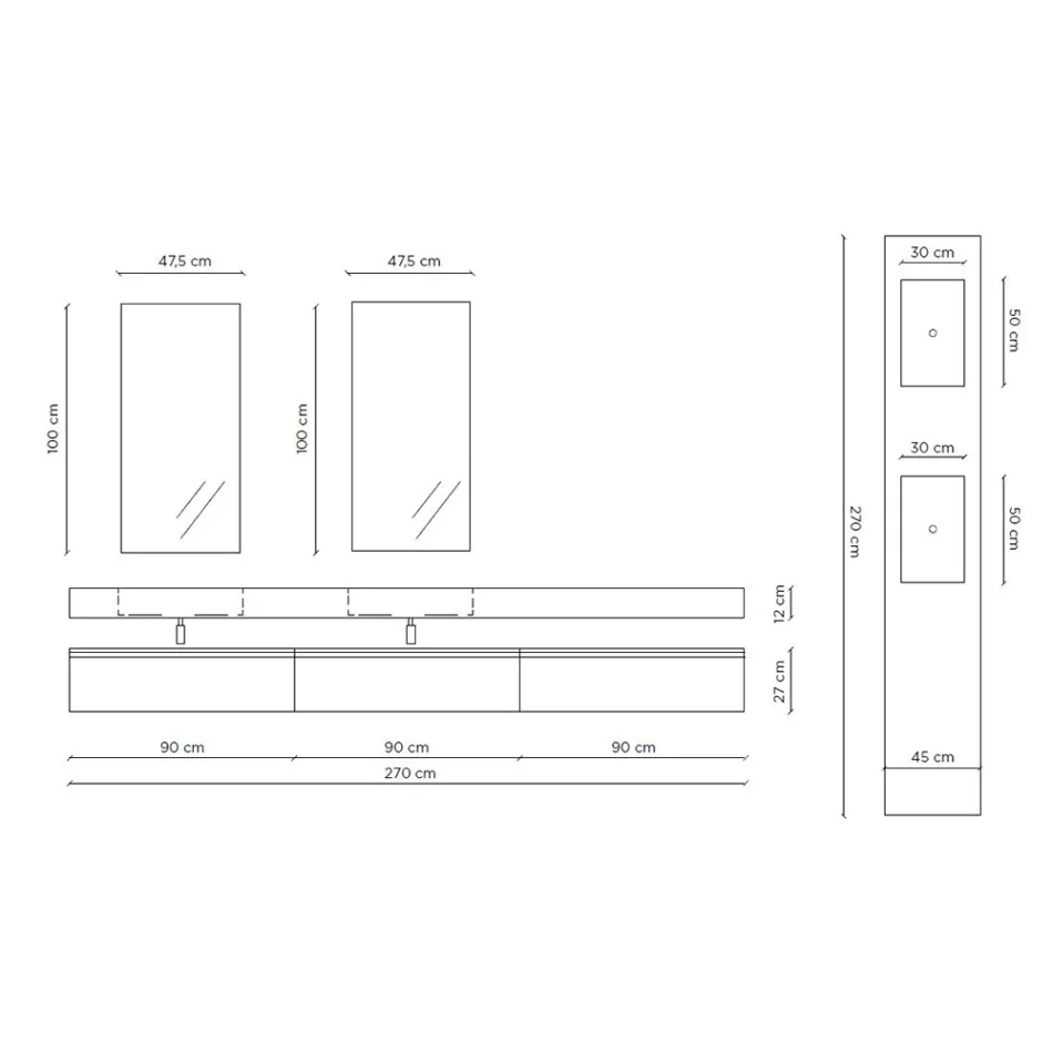 Composizione Bagno Doppia con Specchio Rettangolare e Lavabo Made in Italy - Palom Viadurini