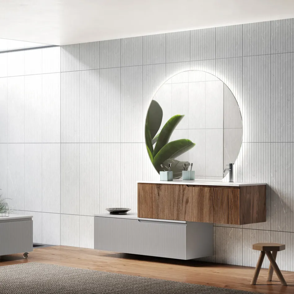 Composizione Bagno in Rovere Rio e Grigio Cannettati Made in Italy - Crono Viadurini