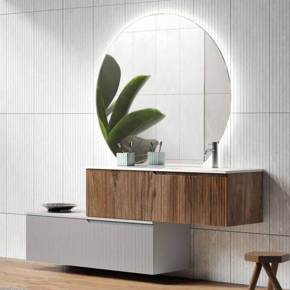 Composizione Bagno in Rovere Rio e Grigio Cannettati Made in Italy - Crono Viadurini
