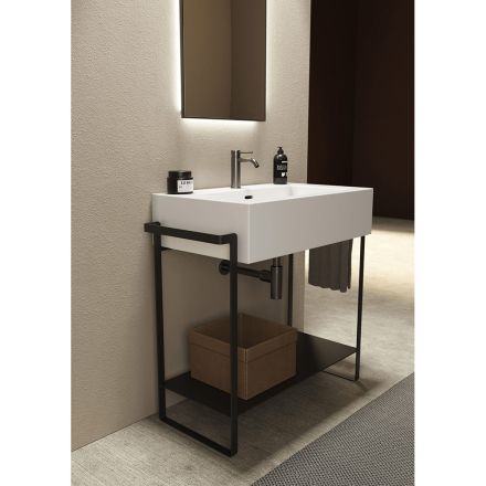 Composizione Bagno Lavabo Ceramica e Base Acciaio Made in Italy - Quadro Viadurini