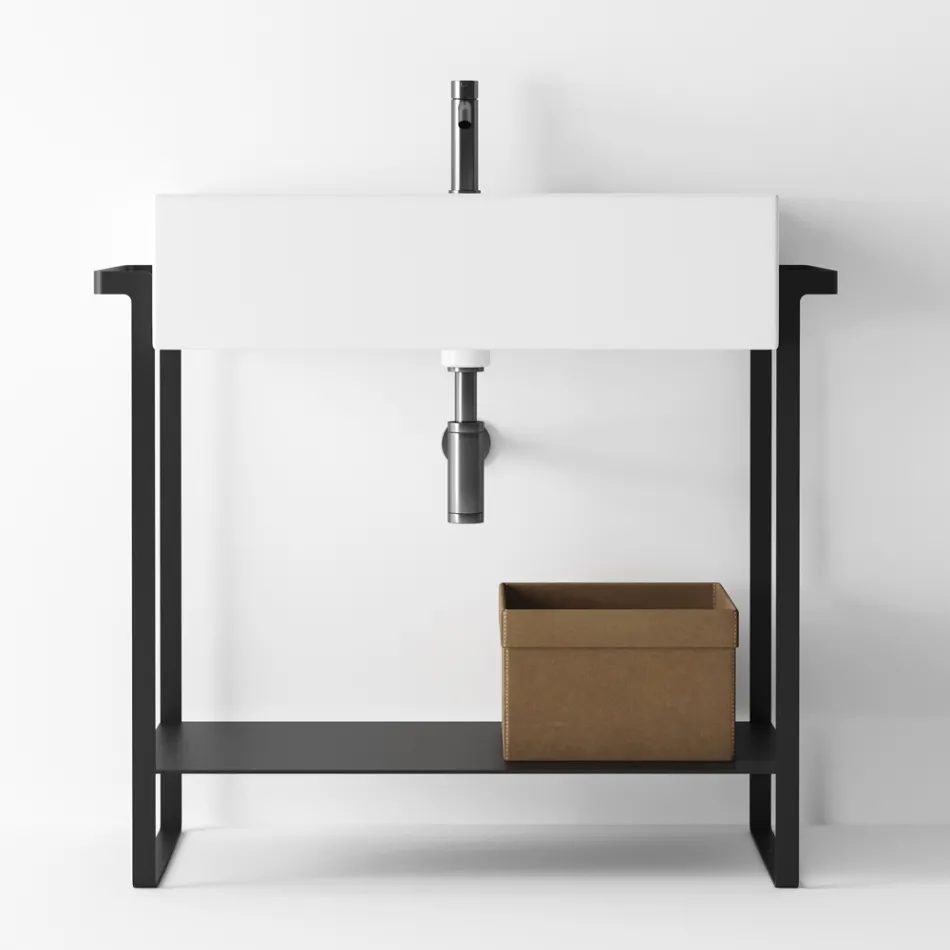 Composizione Bagno Lavabo Ceramica e Base Acciaio Made in Italy - Quadro Viadurini