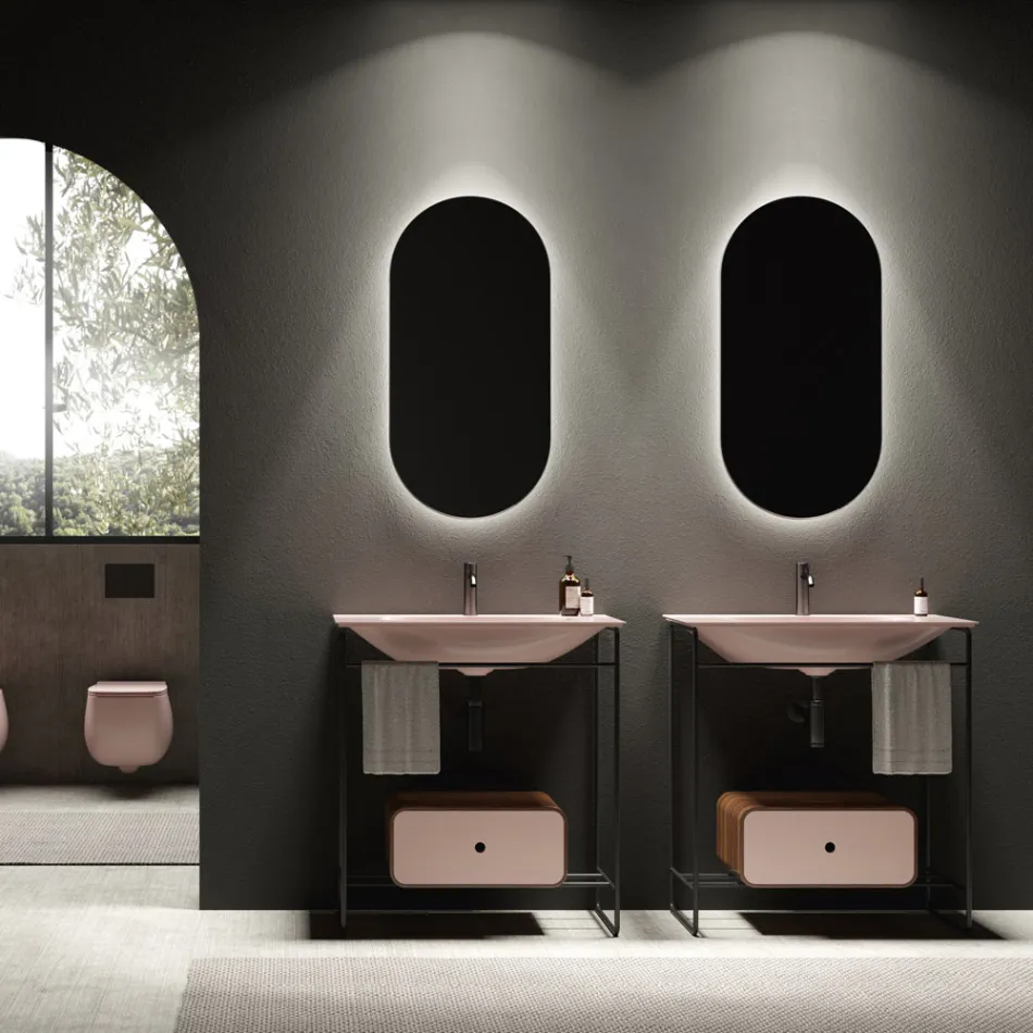 Composizione Bagno Lavabo in Ceramica e Specchio Made in Italy - Chantal Viadurini