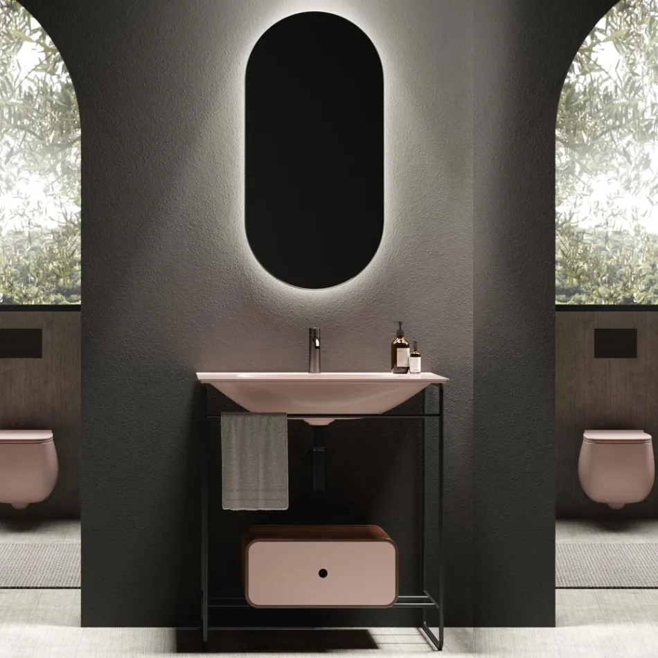 Composizione Bagno Lavabo in Ceramica e Specchio Made in Italy - Chantal Viadurini