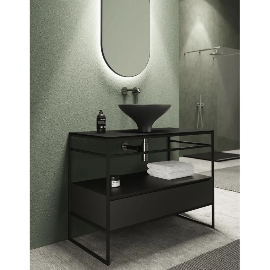 Composizione Bagno Lavabo in Ceramica e Specchio Made in Italy - Hoscar Viadurini