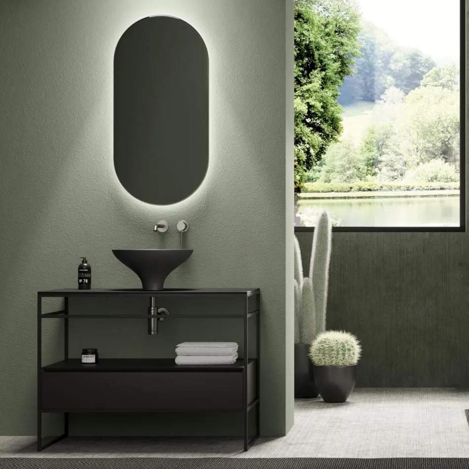Composizione Bagno Lavabo in Ceramica e Specchio Made in Italy - Hoscar Viadurini