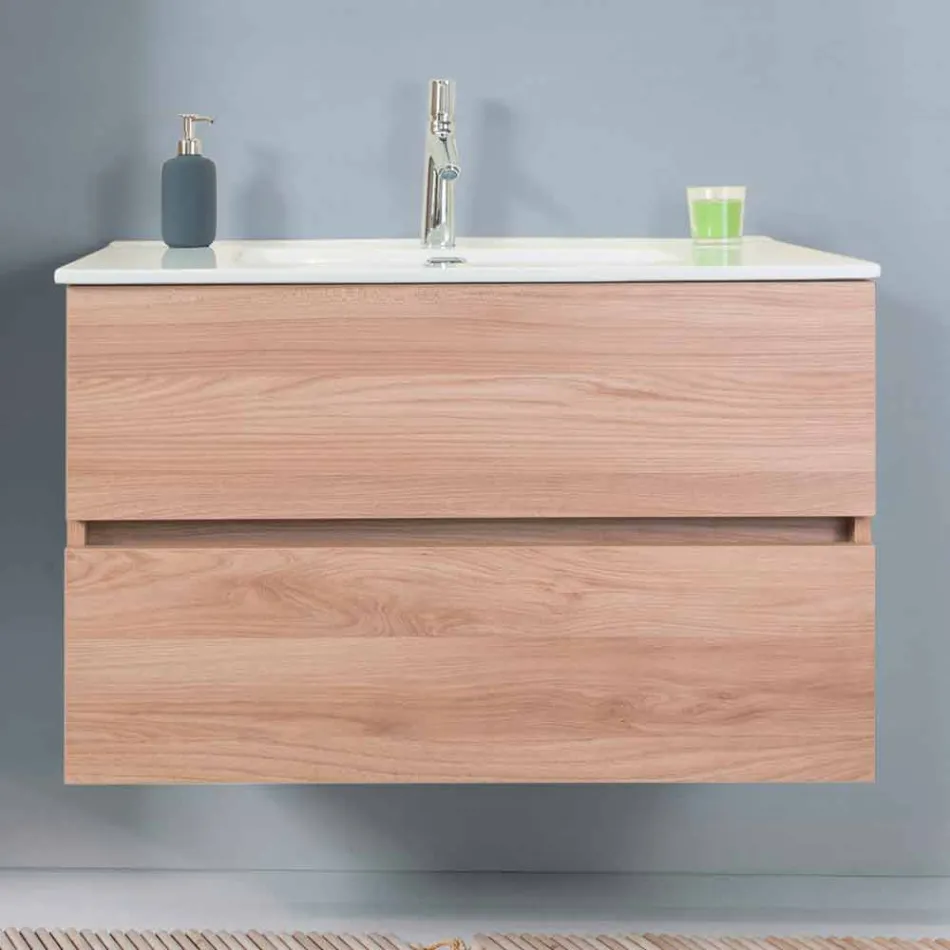 Composizione Bagno Sospesa in Melaminico Olmo Chiaro – Becky Viadurini
