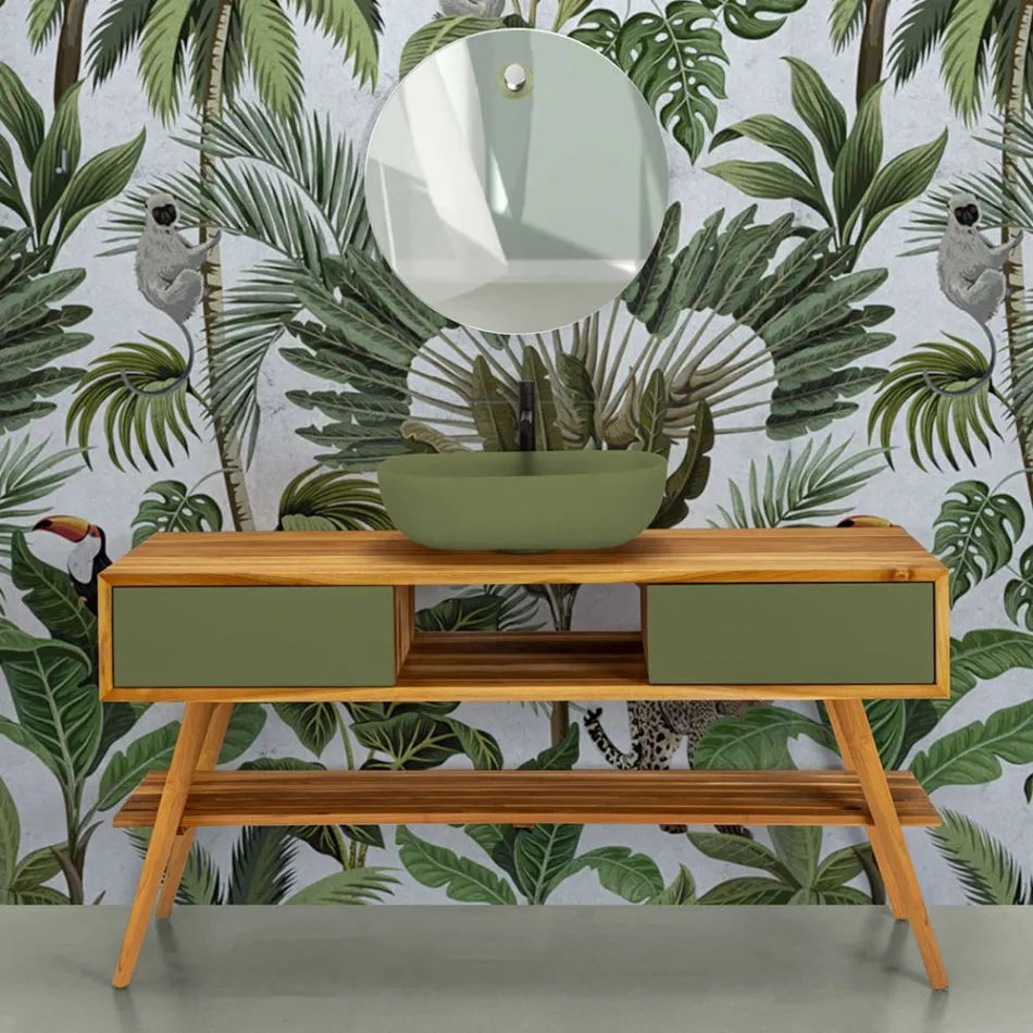 Composizione Bagno Verde Incluso di Accessori e Mobile a Terra - Georges Viadurini