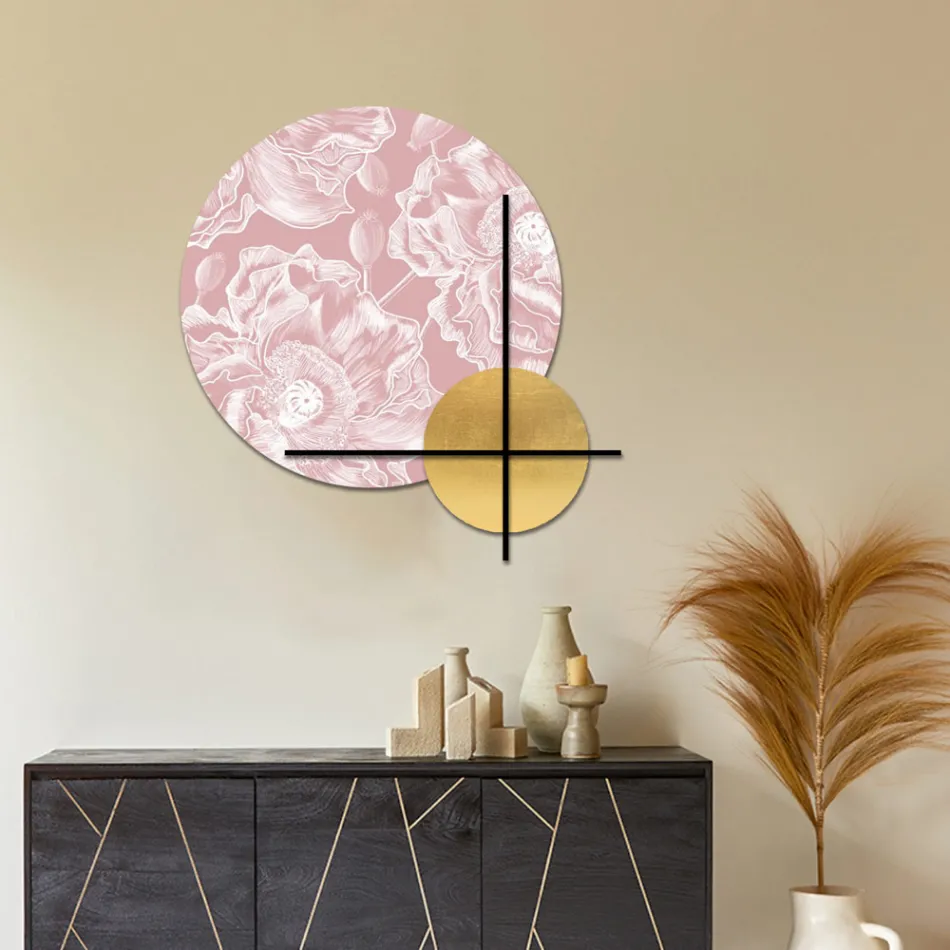 Composizione di Pannelli in Legno Rosa o Verde con Fiori Bianchi Made in Italy - Figi Viadurini