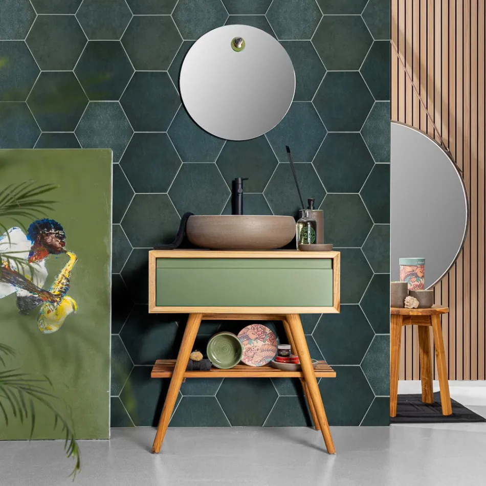 Composizione Mobile Bagno Verde con Mobile in Teak ed Accessori  - Carolie  Viadurini