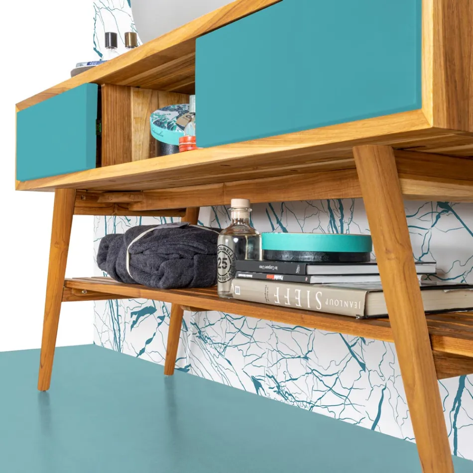 Composizione Mobili Bagno a Terra con Cassettiera Blu Design - Georges Viadurini
