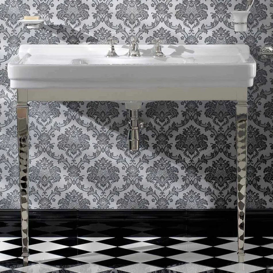 Consolle Bagno 105 cm Vintage in Ceramica Bianca con Piedi,Made in Italy - Marwa Viadurini