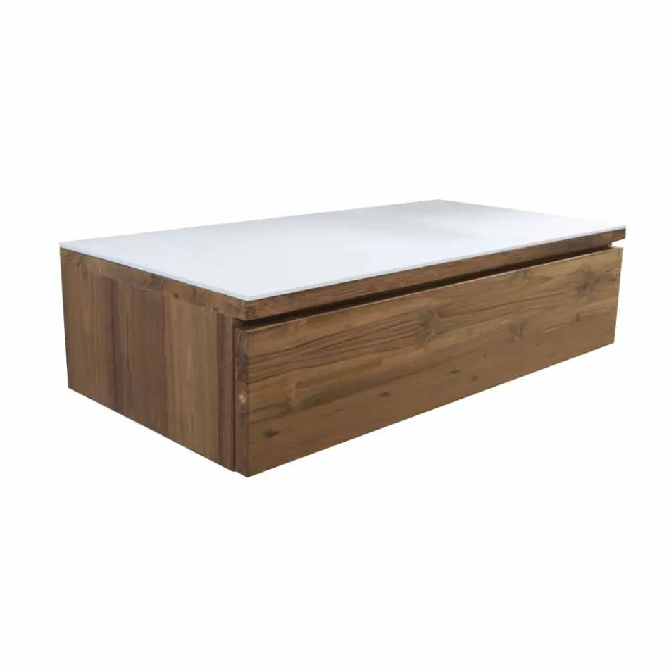 Consolle Bagno Sospesa in Teak e Hi Macs® con Cassetto Contenitore - Rodolfo Viadurini
