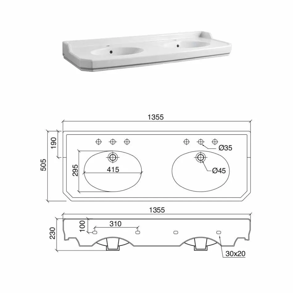 Consolle da Bagno L 135 cm con Vasca Doppia in Ceramica Made in Italy – Nausica Viadurini