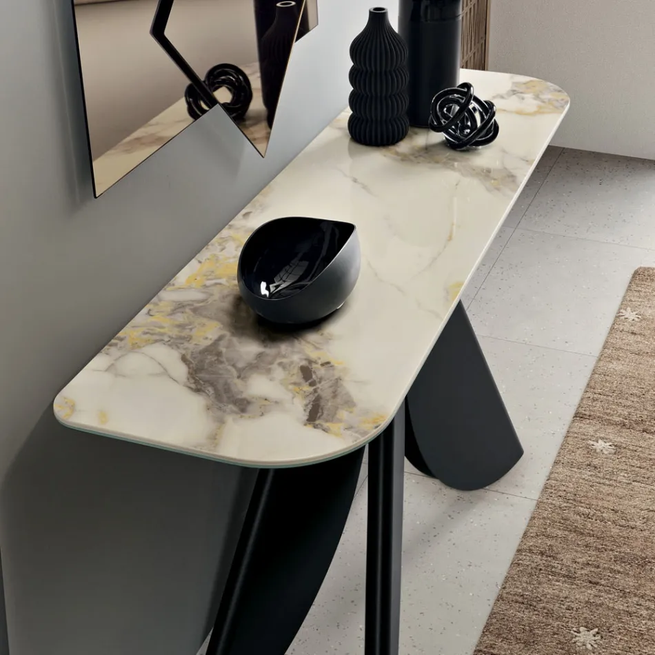 Consolle da Soggiorno in Metallo e Piano in Ceramica Effetto Marmo - Cristina Viadurini