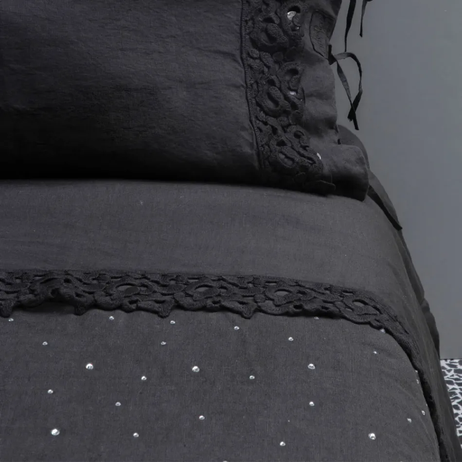 Copripiumone in Lino Nero con Cristalli Letto Matrimoniale di Lusso - Damante Viadurini