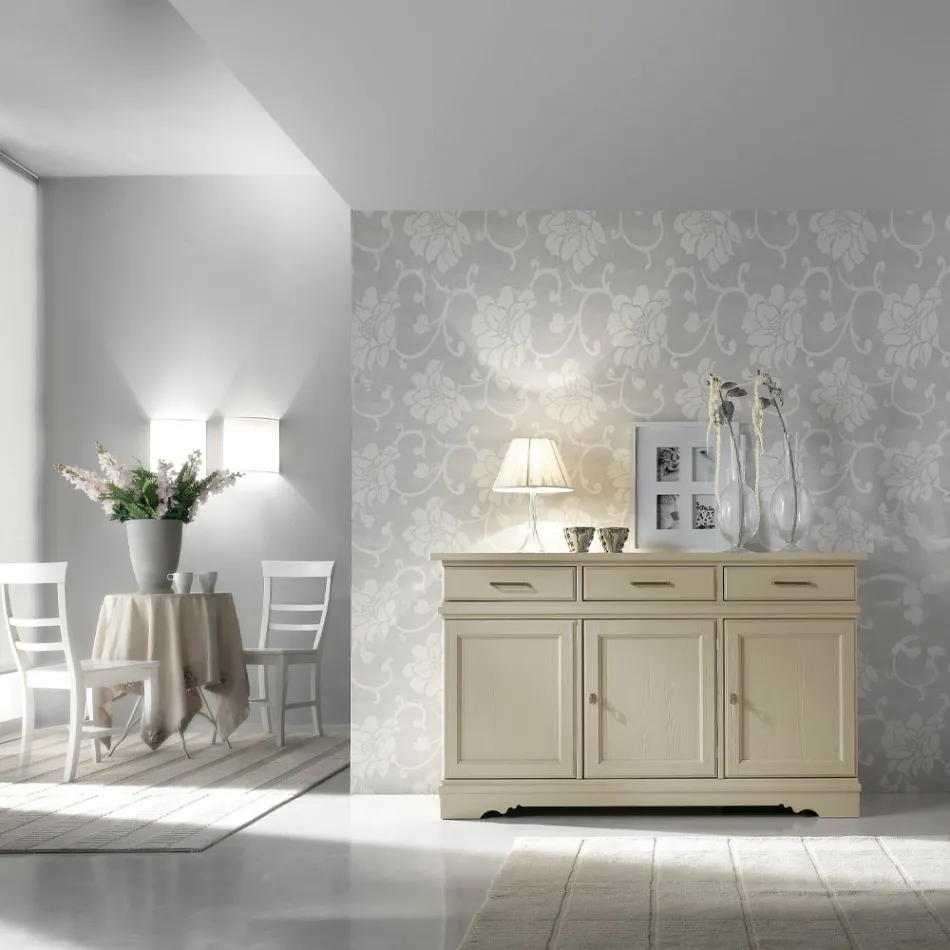 Credenza con 3 Ante e 3 Cassetti in Avorio Patinato Made in Italy - Gleti Viadurini