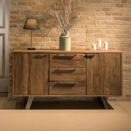 Credenza da Salotto con 2 Ante e 3 Cassetti in Legno Tropicale Riciclato - Slide Viadurini