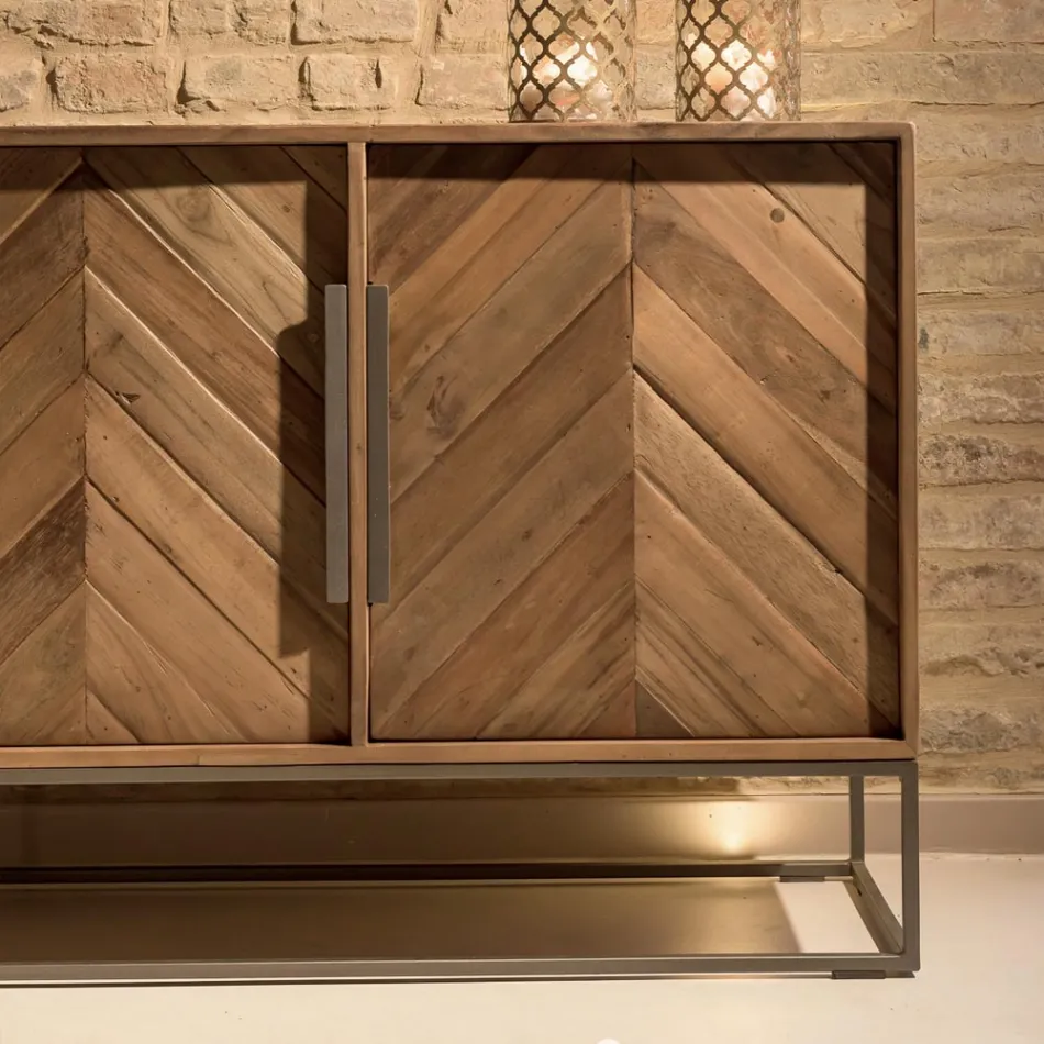 Credenza da Soggiorno in  Legno Tropicale Riciclato e Piedi in Metallo - Slide Viadurini