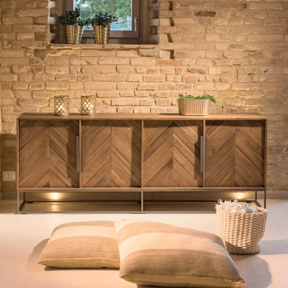Credenza da Soggiorno in  Legno Tropicale Riciclato e Piedi in Metallo - Slide Viadurini