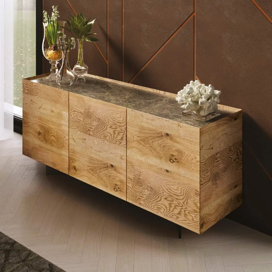 Credenza in Legno a 3 Ante con Base in Cristallo Temperato Made in Italy - Soraya Viadurini