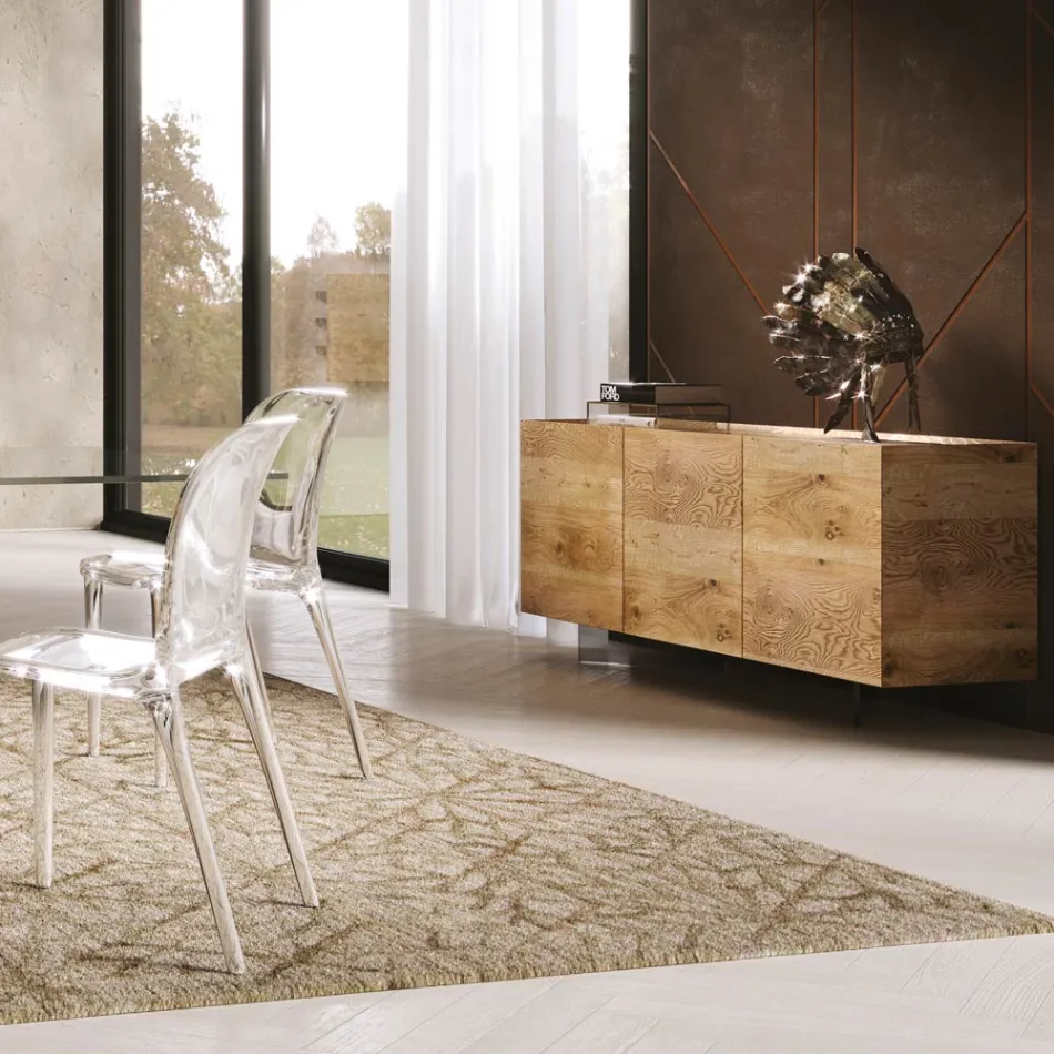 Credenza in Legno a 3 Ante con Base in Cristallo Temperato Made in Italy - Soraya Viadurini